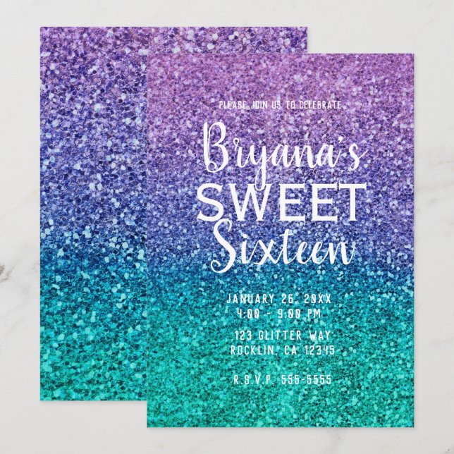 Lavender Purple & Teal Aqua Green Sparkly Sweet 16 Invitation (Front/Back)