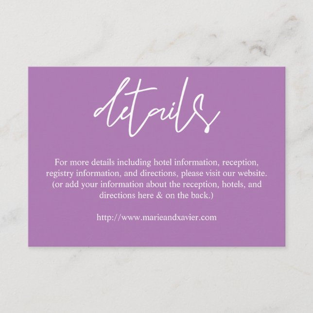 Lavender Purple Typography Script Details Enclosure Card (Front)
