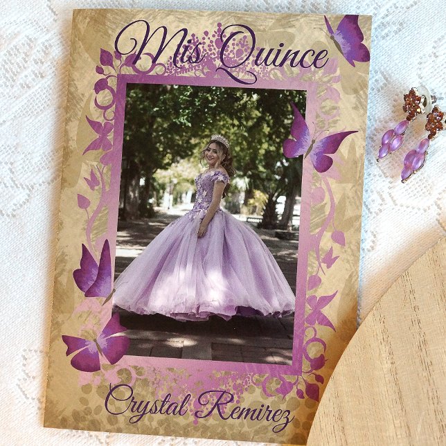 Lavender Purple Vintage Quinceanera Invitation (ornate, fancy lavender, purple butterfly quinceanera photo invitation)