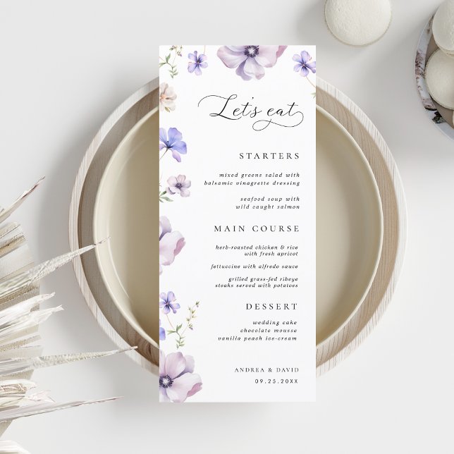 Lavender Purple Violet Floral Let's Eat Wedding Menu (Creator Uploaded)