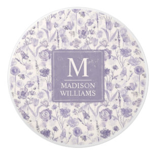 Lavender Purple Watercolor Floral Flowers Pattern Ceramic Knob