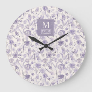 Lavender Purple Watercolor Floral Flowers Pattern Large Clock