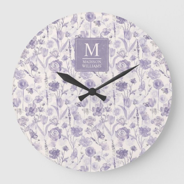 Lavender Purple Watercolor Floral Flowers Pattern Large Clock (Front)