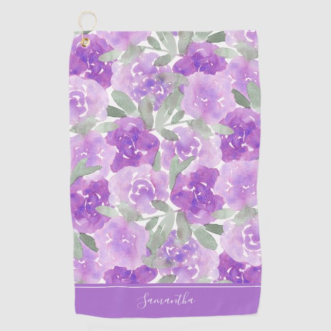 Lavender Purple Watercolor Floral Personalised Golf Towel (Front)