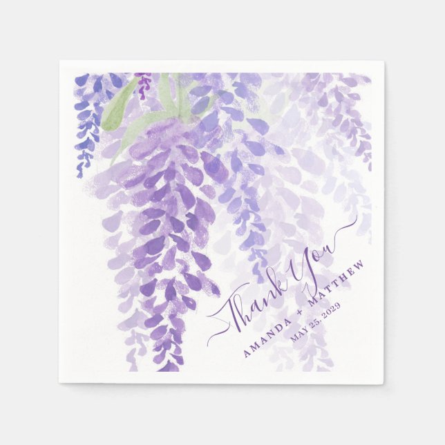 Lavender Purple Watercolor Wisteria Blooms Wedding Napkin (Front)