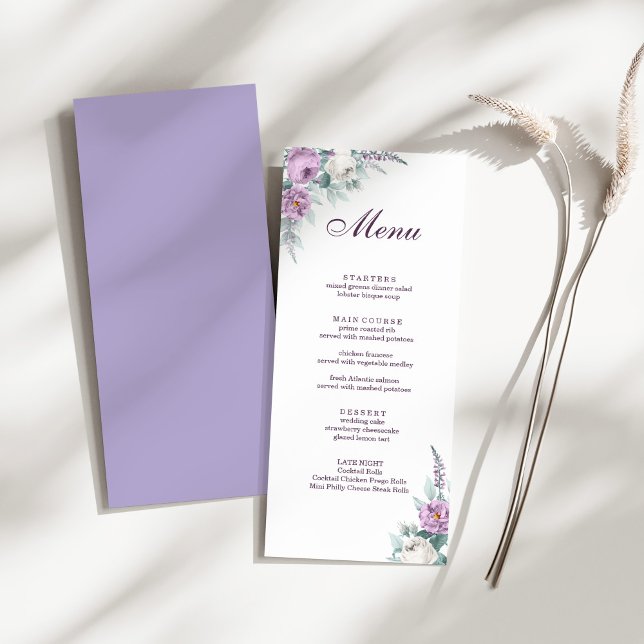 Lavender Purple Wedding Menu Card (Lavender Purple Wedding Menu Card on a sunny white dry palm leaf.)