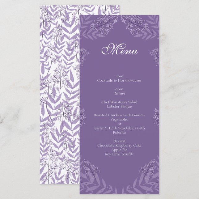 Lavender Purple Wedding Vintage Botanical Menu (Front/Back)