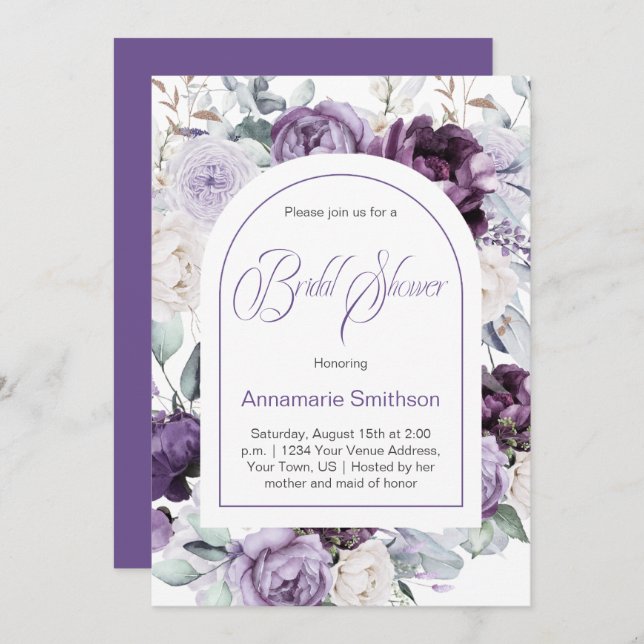 Lavender, Purple, White Peonies Bridal Shower | Invitation (Front/Back)