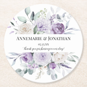 Lavender Purple White Rustic Floral Frame Round Paper Coaster