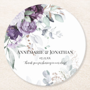 Lavender Purple White Rustic Florals Round Paper Coaster