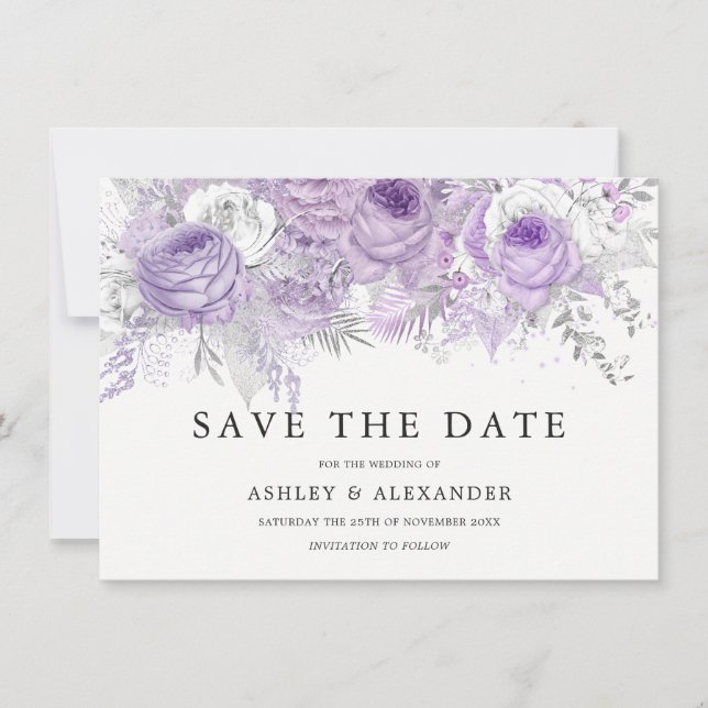 Lavender Purple White Silver Flower Save The Date (Front)