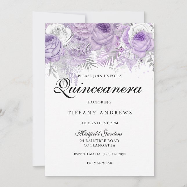 Lavender Purple White Silver Flowers Quinceanera Invitation (Front)