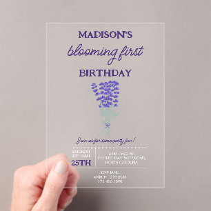 Lavender Purple Wildflower Blooming First Birthday Acrylic Invitations
