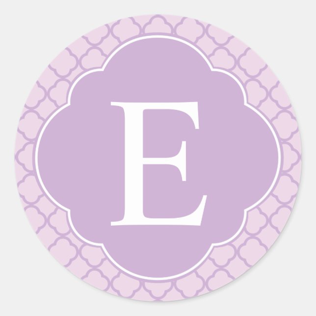 Lavender Quatrefoil Custom Monogram Classic Round Sticker (Front)