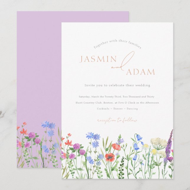 Lavender Red Poppies Bluebells Wildflowers Wedding Invitation (Front/Back)