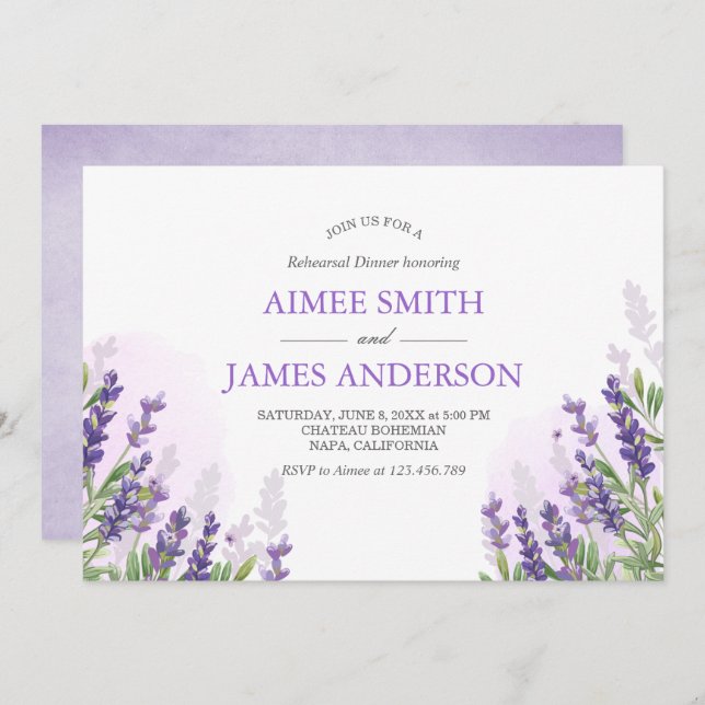 Lavender Rehearsal Dinner Invitation Rustic Purple (Front/Back)