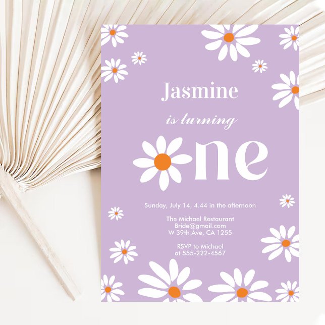 Lavender Retro Groovy Daisy Florals 1st Birthday Invitation (Lavender Retro Groovy Daisy Florals 1st Birthday Invitation)