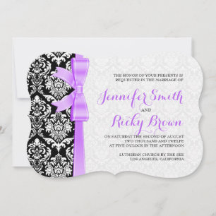 Lavender Ribbon Black And White Damasks Wedding Invitation