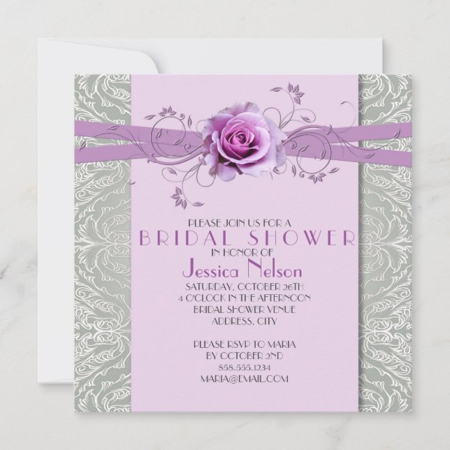 Lavender Rose Silver Damask Bridal Shower Invitation (Front)
