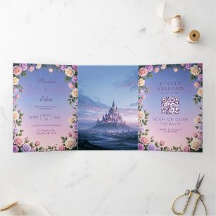 Lavender Rose Wisteria Twilight Castle Wedding Tri-Fold Invitation