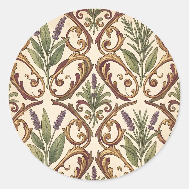 Lavender Rosemary Gold Scroll Pattern  Classic Round Sticker (Front)