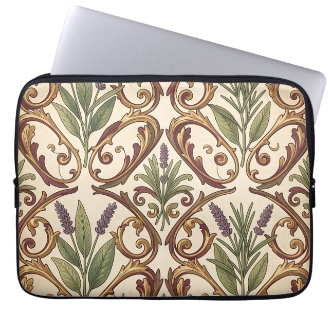 Lavender Rosemary Gold Scroll Pattern  Laptop Sleeve (Front)