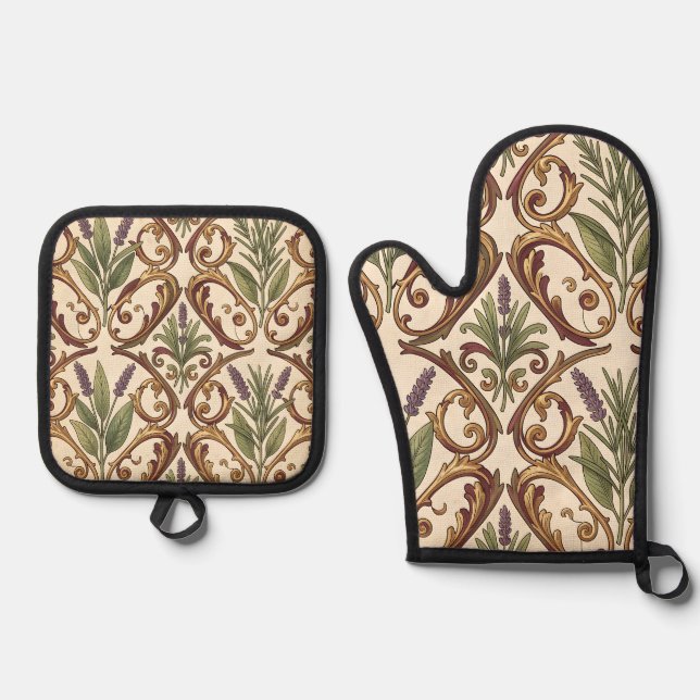 Lavender Rosemary Gold Scroll Pattern  Oven Mitt & Pot Holder Set (Front)
