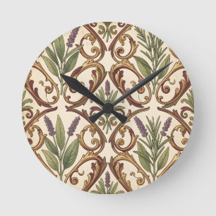 Lavender Rosemary Gold Scroll Pattern Round Clock
