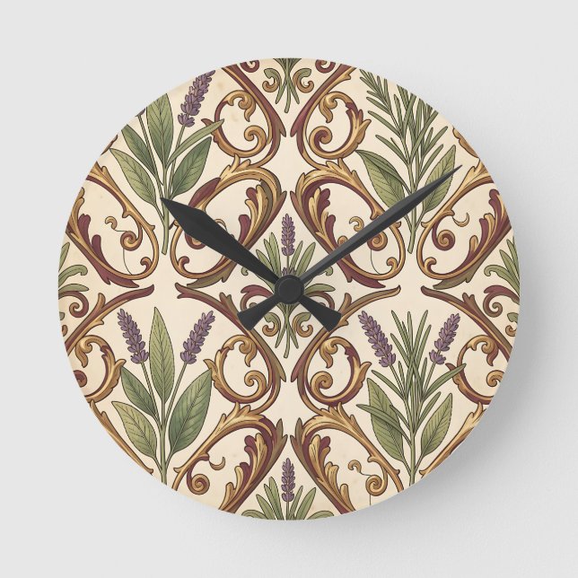 Lavender Rosemary Gold Scroll Pattern  Round Clock (Front)