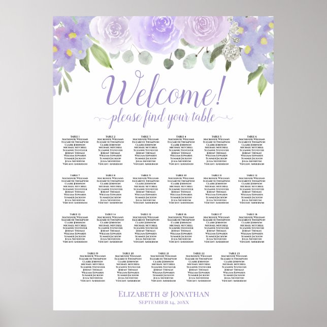 Lavender Roses 23 Table Boho Wedding Seating Chart (Front)