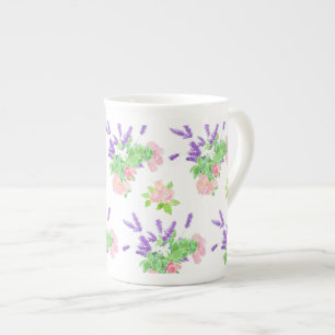 Lavender, Roses and Philadelphus Pattern on White Bone China Mug