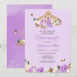 Lavender Roses Gold Princess Butterfly Quinceañera Invitation