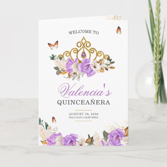 Lavender Roses Gold Tiara Butterfly Quinceanera Program (Front)