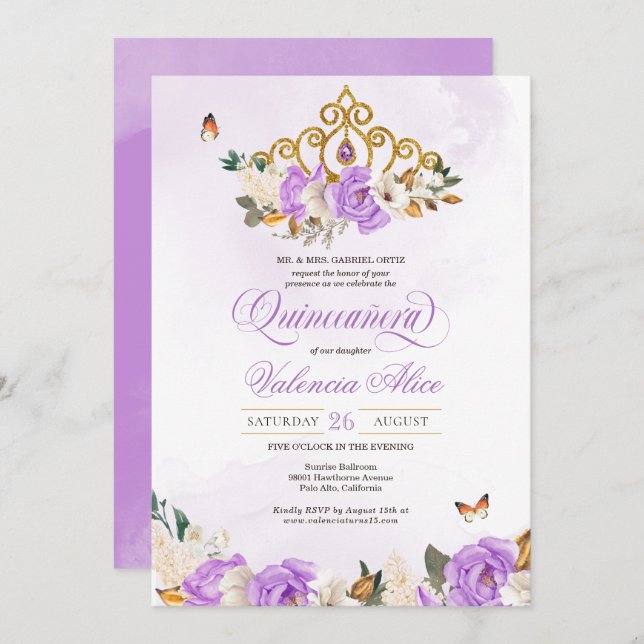 Lavender Roses Gold Tiara Purple Butterfly Quince Invitation (Front/Back)
