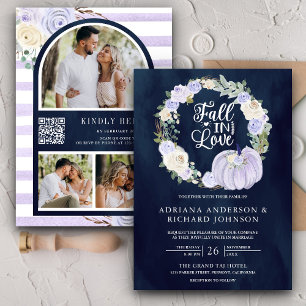 Lavender Roses Pumpkin Photo QR Code Navy Wedding Invitation