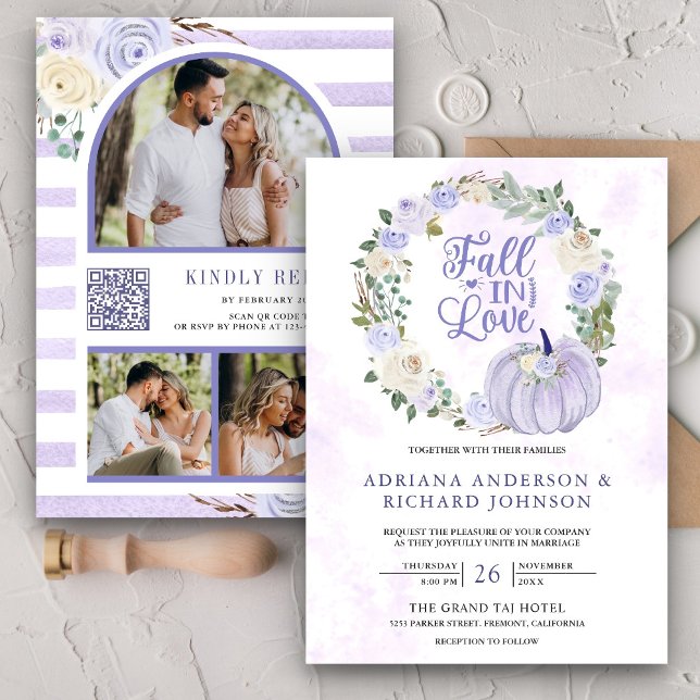 Lavender Roses Pumpkin Photo QR Code Wedding Invitation (Creator Uploaded)