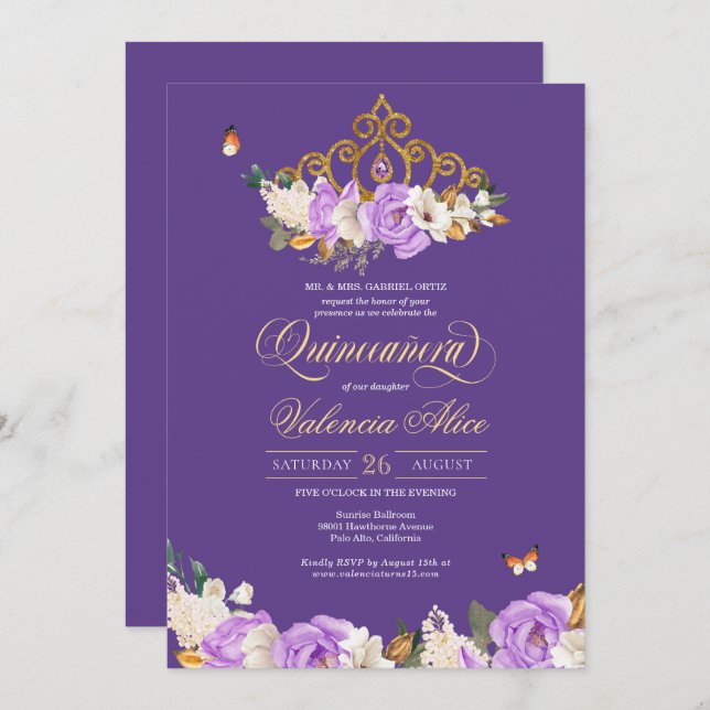 Lavender Roses Royal Purple Gold Tiara Quinceanera Invitation (Front/Back)