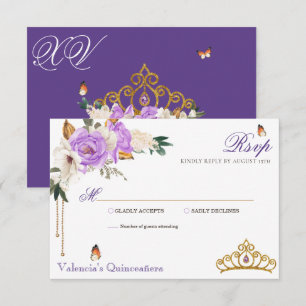 Lavender Roses Royal Purple Gold Tiara Quinceanera RSVP Card