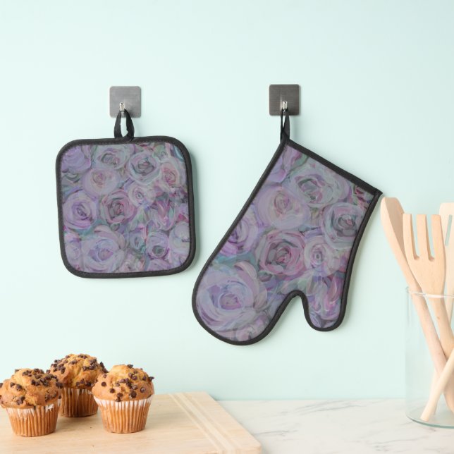 Lavender Roses Watercolor Art Oven Mitt & Pot Holder Set (Insitu(Hanging))