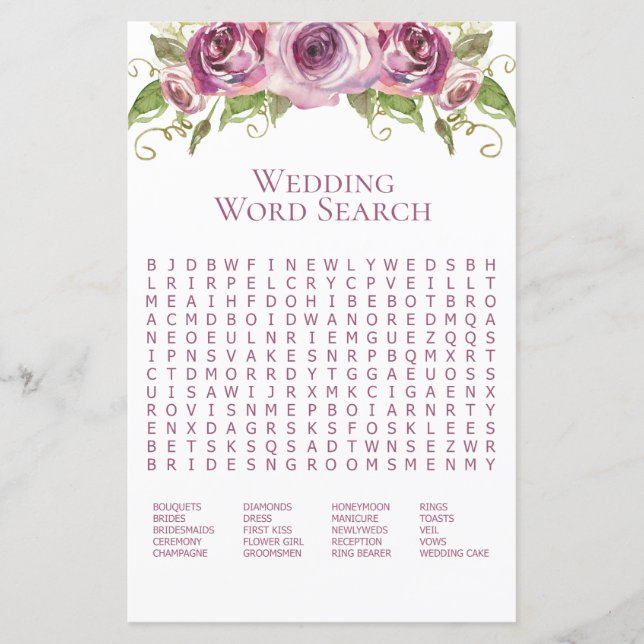 Lavender Roses Wedding Word Search (Front)