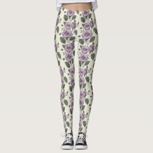 Lavender Roses With Silver And Green Leaves Leggings