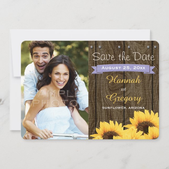 LAVENDER RUSTIC SUNFLOWER SAVE THE DATE CARD (Front)