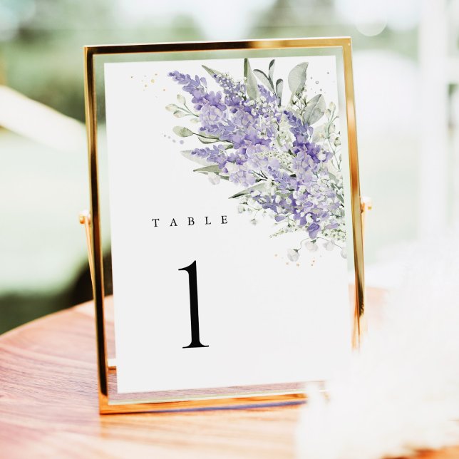 Lavender Sage Green Floral Wedding Table Numbers  (Lavender sage green floral wedding table number card, watercolor lavender blooms, reception table)