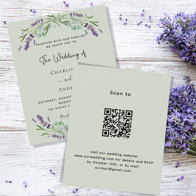Lavender sage green QR budget wedding invitation Flyer (Creator Uploaded)