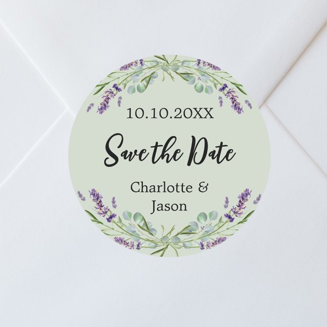 Lavender sage green wedding Save the Date Classic Round Sticker (Creator Uploaded)