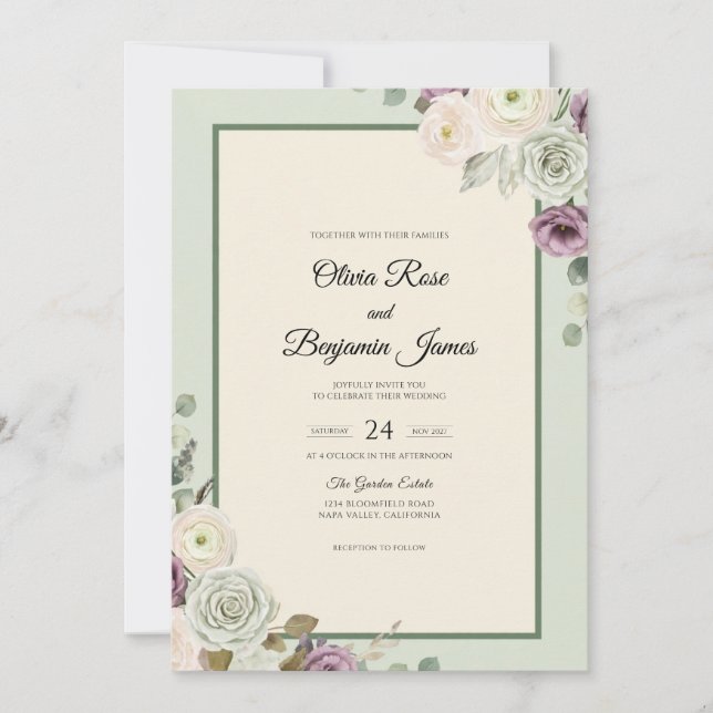 Lavender Sage Leaf Wedding Invitation (Front)