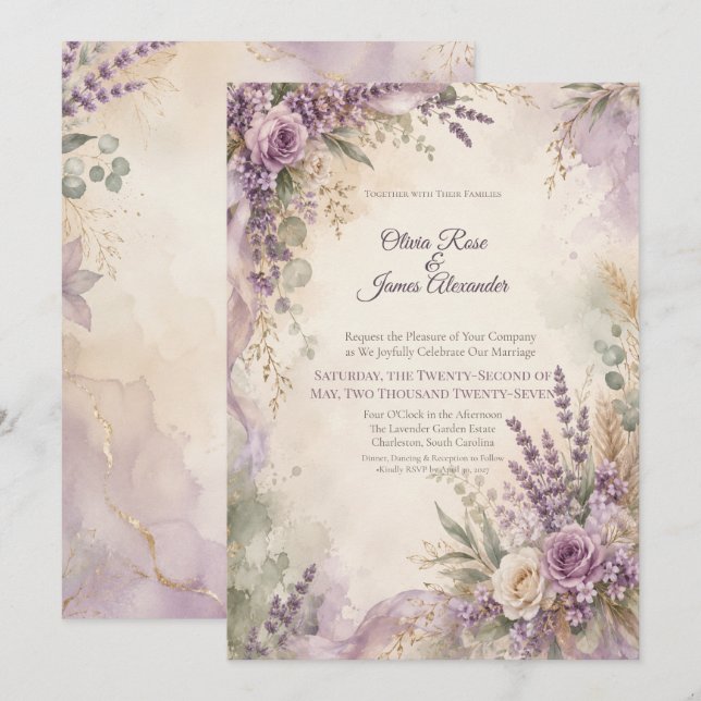 Lavender Sage Wedding  | Rustic Boho Chic Invitation (Front/Back)
