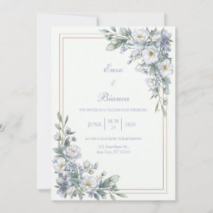 Lavender Sage White Floral Gold Frame Wedding Invitation