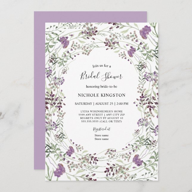 Lavender Sage Wildflower Frame Bridal Shower Invitation (Front/Back)