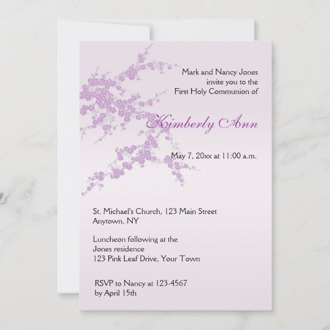 Lavender Sakura Communion Invitation (Front)